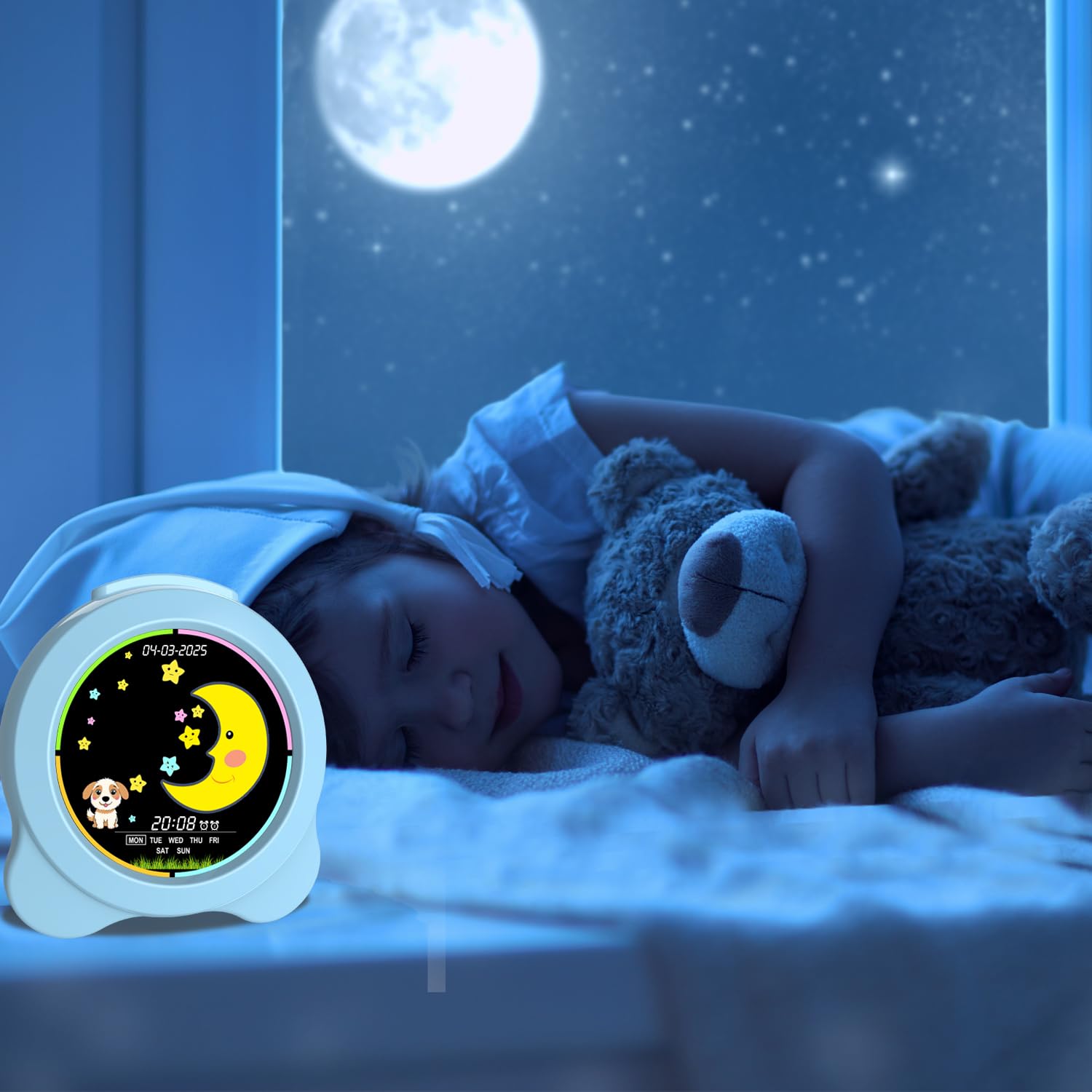 Sveglia per bambini, display a LED con sole e luna, con giorno e data, OK to Wake Clock con luce notturna, per bambini e bambini, regalo per ragazzi e ragazze (blu)