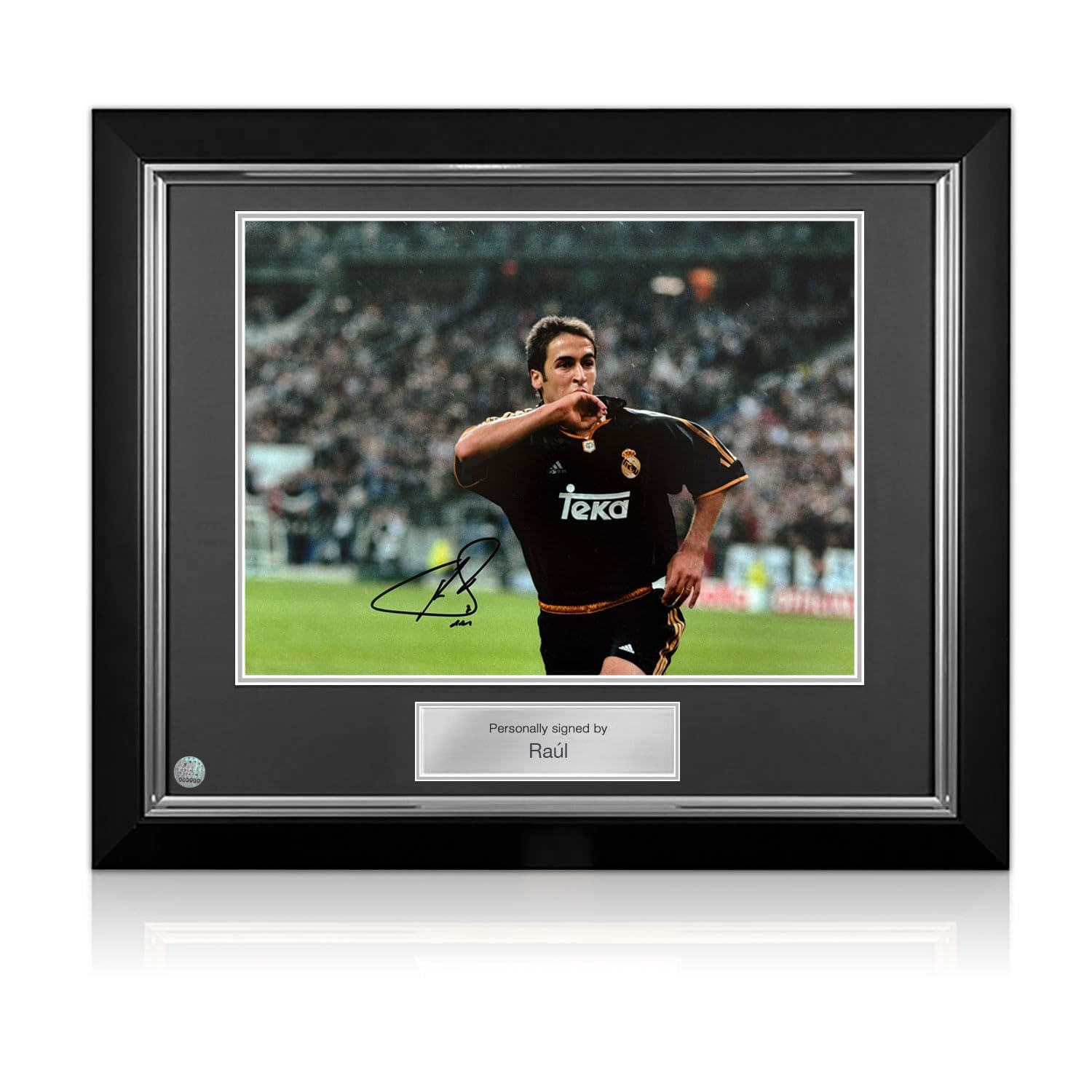 Exclusive Memorabilia Raul Signed Real Madrid Football Photo. Deluxe Frame