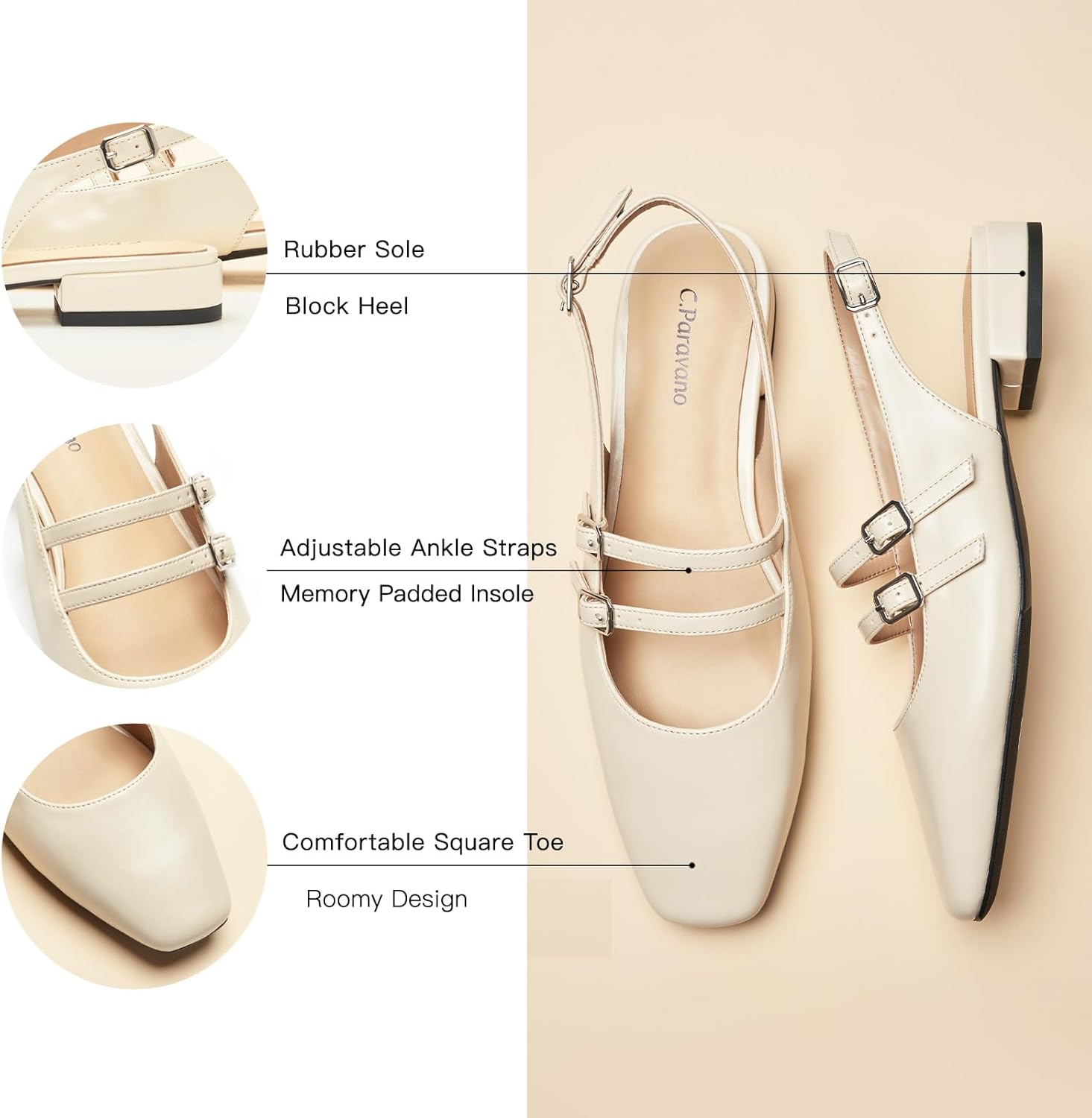 C.Paravano Women's Slingback Flats | Square Toe Flats | Adjustable Ankle Strap Shoes | Slip On Dress Shoes for Daily Wear(Size 10.5,White) - Image 4