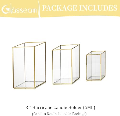 Miniatura 7 de Glasseam Portavelas de cristal de huracán, juego de 3 portavelas de pilar dorado, modernos portavelas cuadrados para velas de pilar, portavelas