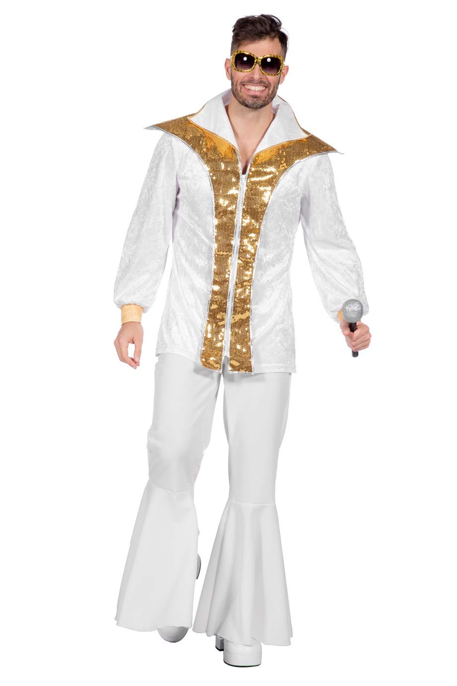 70er Jahre Sänger Kostüm Herren – Disco Jumpsuit Mit Perücke, Sonnenbrille, Schal & Accessoires Für Karneval & Halloween