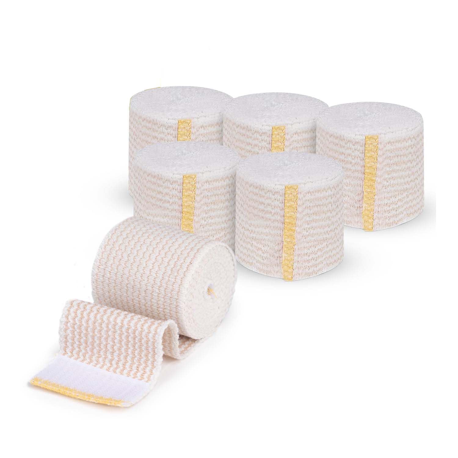 Premium Elastic Bandage Wrap (2" 6 Pack) - Hook & Loop Fasteners at Both Ends - Latex Free Hypoallergenic Compression Roll - Reusable Bandages for