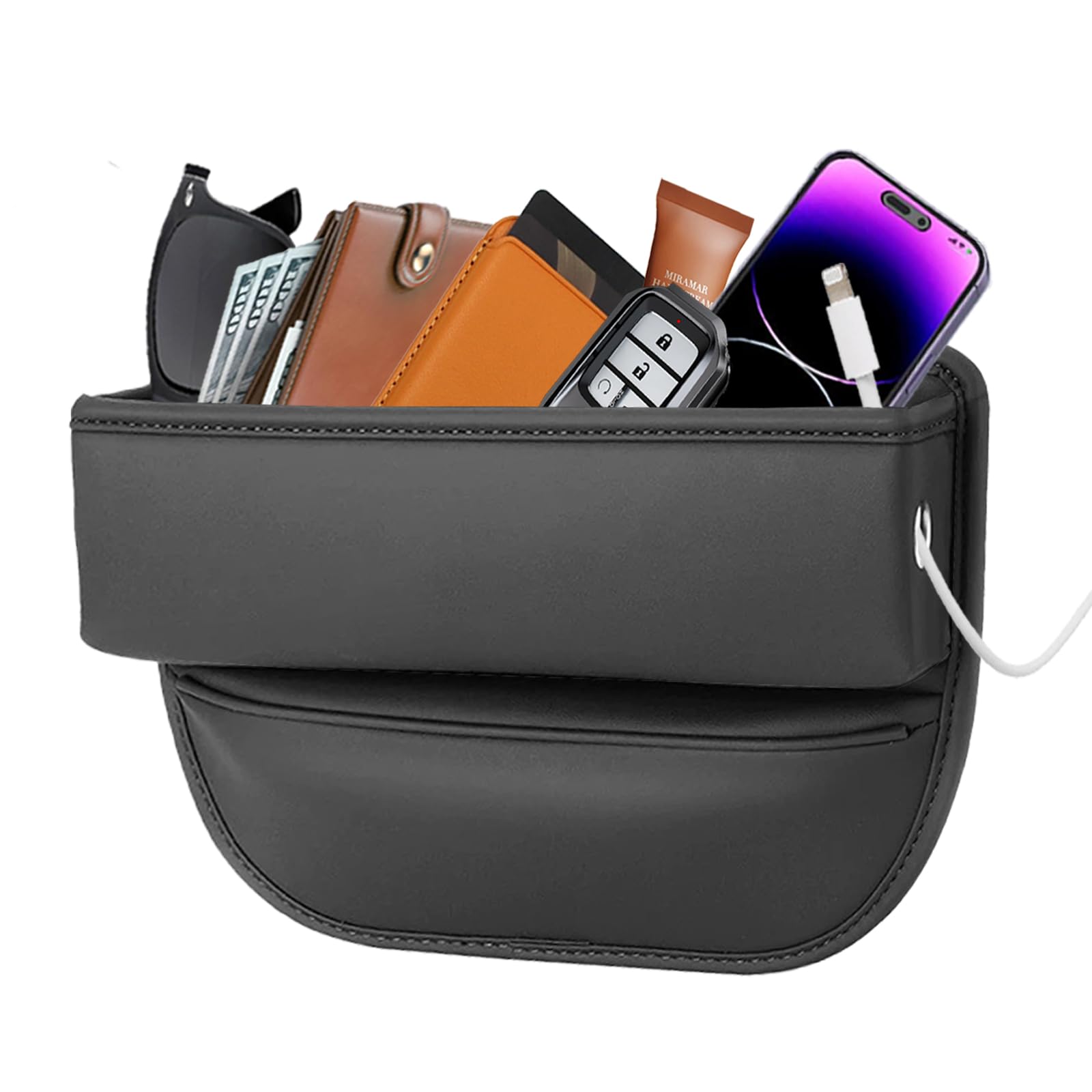 LEQBO Car Seat Gap Filler,Leather Car Seat Gap Organizer,Front Car Seat Storage Box for Phones,Keys,Cards,Glasses,Universal fit for Driver/Passenger Seat,Storage Size: L10.63”×W2”×H3.9”(Black)