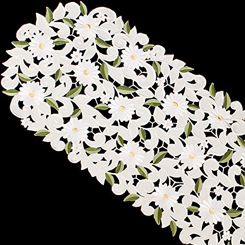 Embroidered Cut Work White Daisy On Ivory Table Runner, Dresser Scarf, Coffee Table Runner (15Wx34.3L) #TOP2