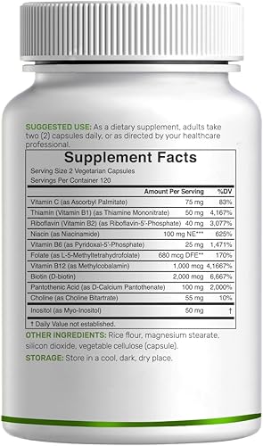 Miniatura 7 de Complejo bioactivo de vitamina B para hombres y mujeres, 240 cápsulas vegetales  Complejo B metilado y vitamina C esterificada  Alta potencia y