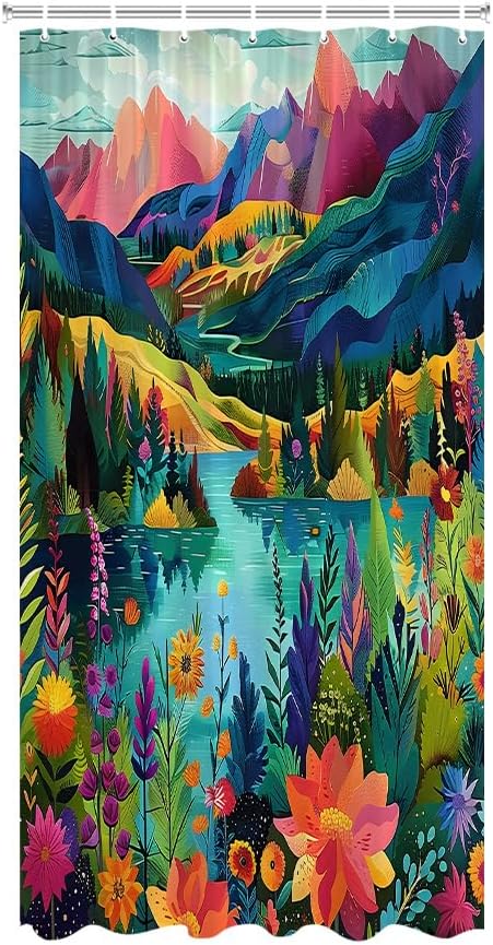 Abstract Mountain Shower Curtain Colorful Floral Leaves Lake Forest Watercolor Art Painting Nature Landscape Fabric Bathroom Decor Curtains with Hooks,70 x 80