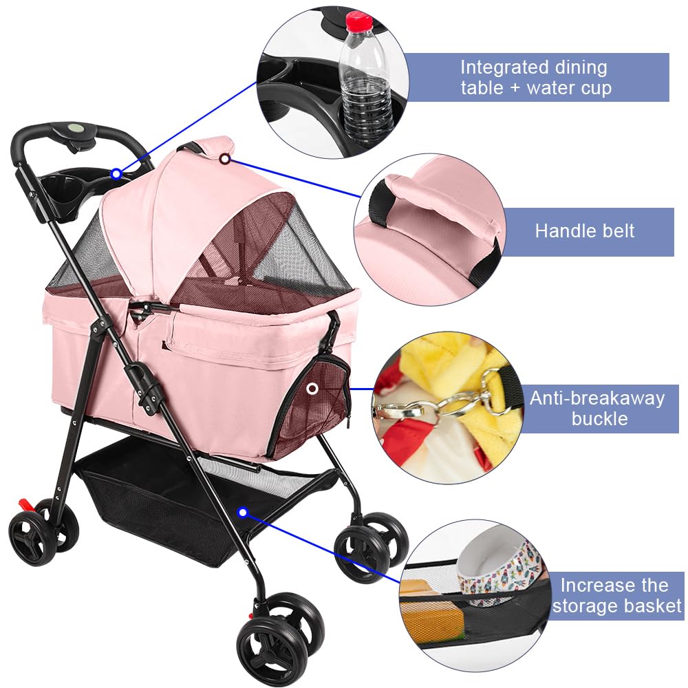 Passeggino 3 in 1 per cani e gatti, pieghevole con manico regolabile, 4 ruote, rete traspirante, grande capacità, facile da trasportare, 50 x 65 x 99 cm, rosa