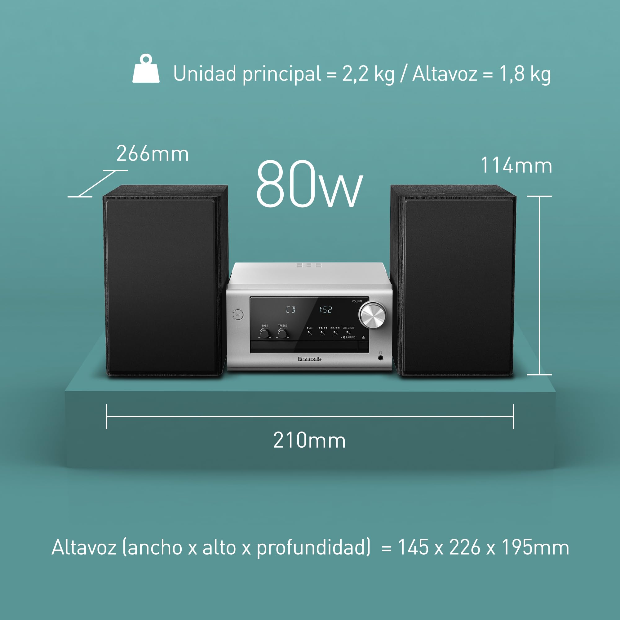 Panasonic SC-PM700EG-S Neat Micro Hi-Fi Sistema Estéreo Compacto con CD, FM Radio, USB y Bluetooth, Altavoces de 80 W, Control De Graves, Plateado