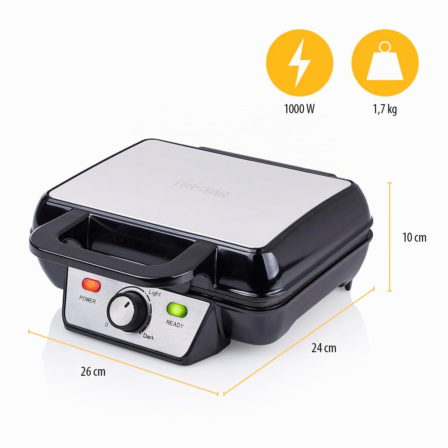 Piastra per waffle belgi Tristar, 1000 W, acciaio inox – Termostato regolabile, piastre antiaderenti, spie luminose, doppia piastra per waffle fatti in casa veloci