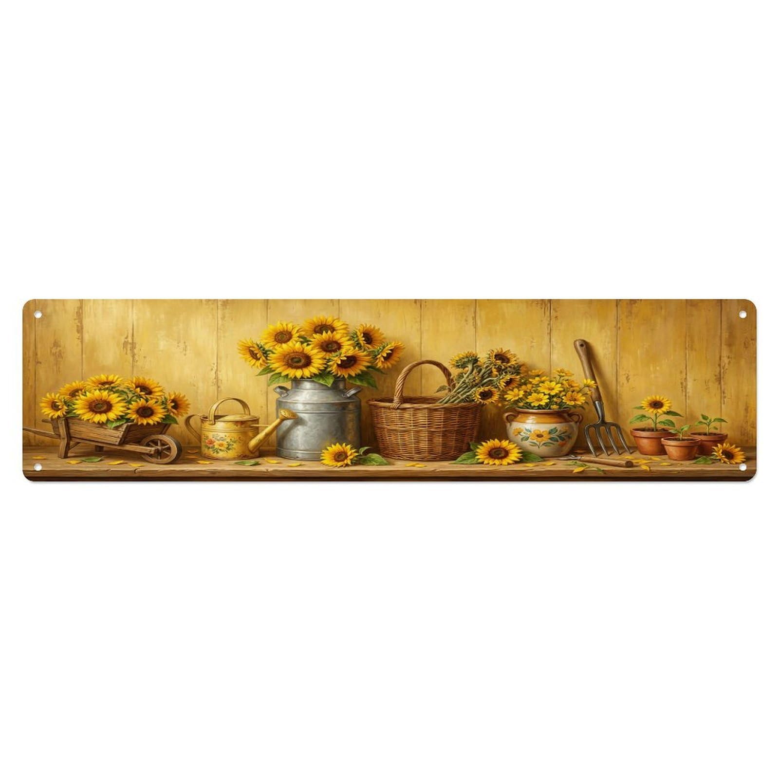 Floral Garden Tools Sunflower Cart Pattern Print Metal Tin Sign