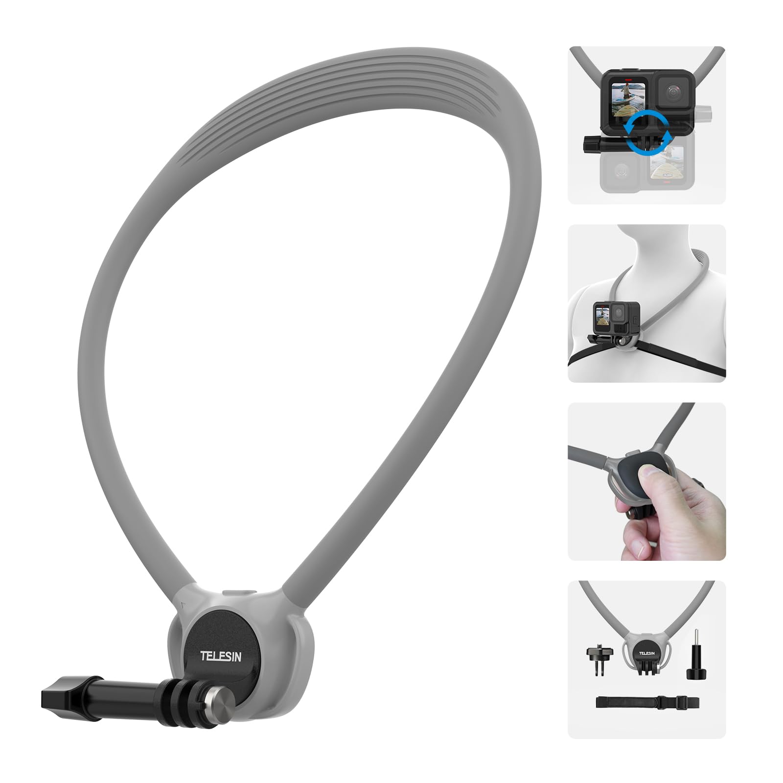 TELESIN SE 2.0 Halshalterung mit integrierter Rotation, Luftkissen, Brustgurt für Actionkameras, Freihändige POV Video Vlog Halshalterung für GoPro Hero 13 12 11 DJI Action 5 Pro 4 Insta360 X5 X4 Grey