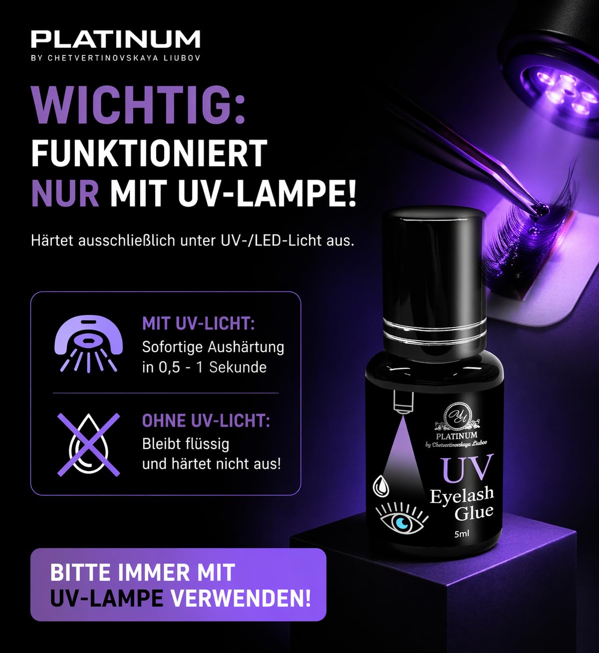 UV Wimpernkleber Clear – UV-aktivierter Wimpernkleber, Funktioniert nur unter UV-Licht – 1–3 Sek., 5 ml