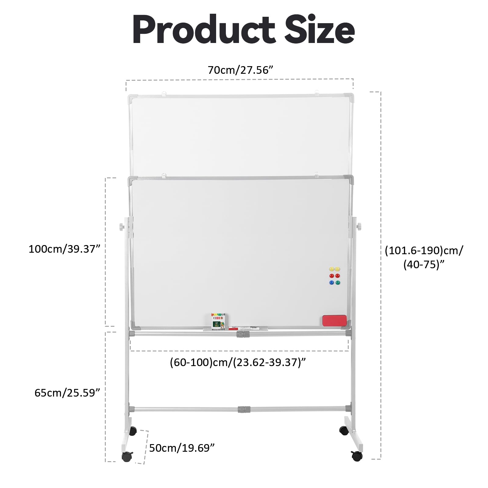 Lavagna bianca mobile su ruote, con supporto, 101 x 71 cm, double-face, reversibile, con cavalletto regolabile in altezza, include 10 pennarelli, 12 magneti, 2 gomme da cancellare, per ufficio e aula