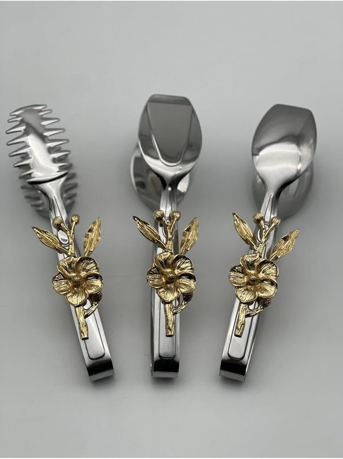 Serving Tongs Set 3-Piece Stainless Steel Japanese Rose Design refined Serving Utensils for Salad, Appetizers, Desserts, Silver - Silver
