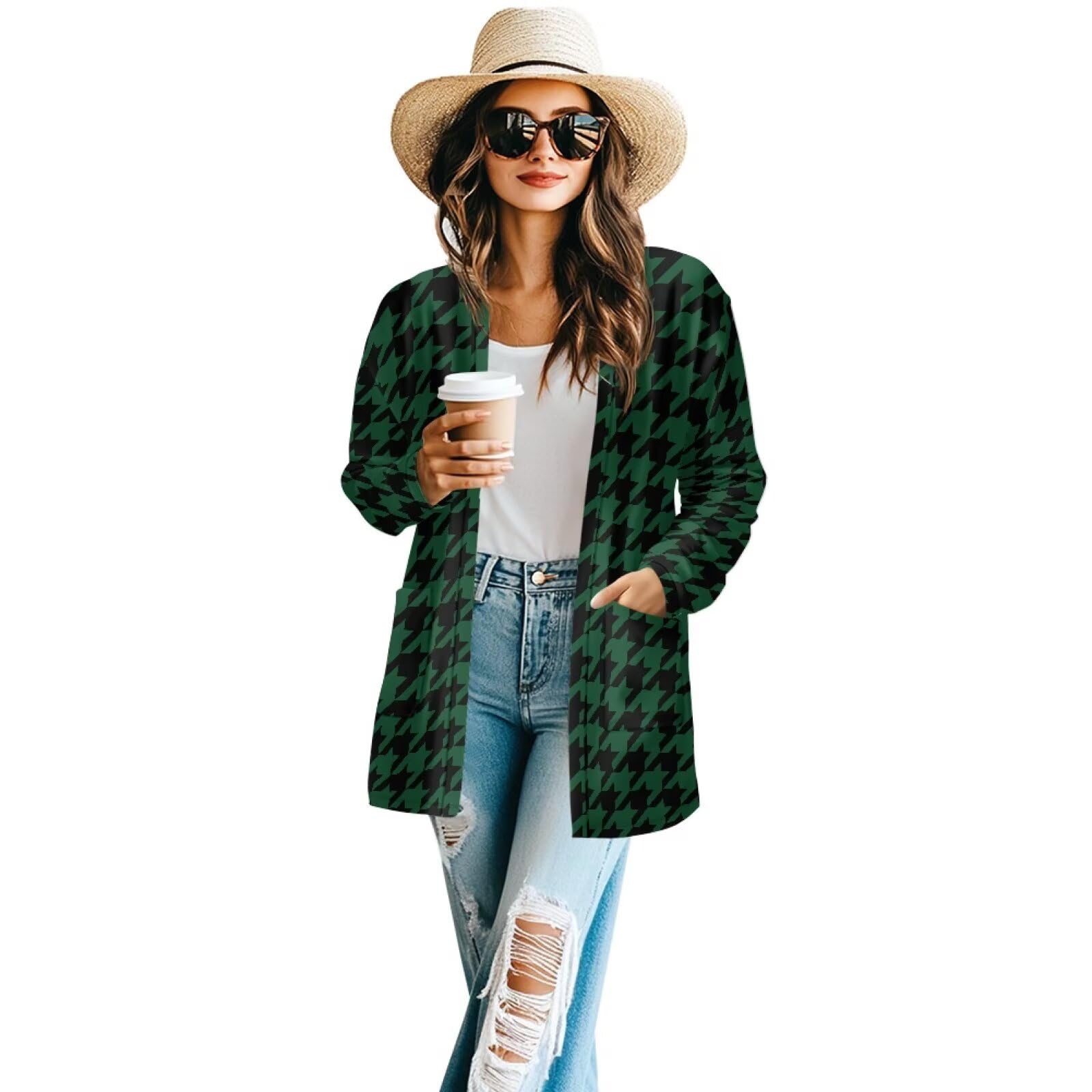 Women's Aztec Open-Front Jacket Lightweight Casual Outerwear Native Western Aztec Pattern &amp; Plaid Houndstooth Print