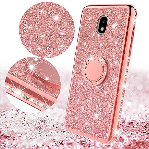 Diamond Bling Glitter Cute Phone Case Compatible For Samsung Galaxy J7 2018,J7V 2Nd Gen,J7 Refine,J7 Aero Case,J7 Top,J7 Aura,J7 Star Case, Rhinestone Bumper With Ring Stand And Lanyard Rose Gold #TOP1