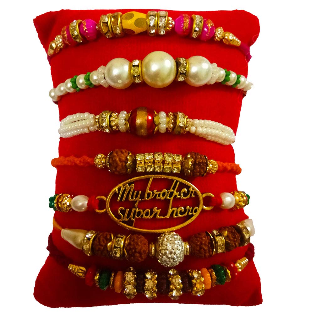 Avanti Creations Combo Of 7 Pearl Stone Crystal Rudraksh Fabric Rakhi For Boys/Men With Roli Chawal (B08BQN16RK) Amazon Price History, Amazon Price Tracker