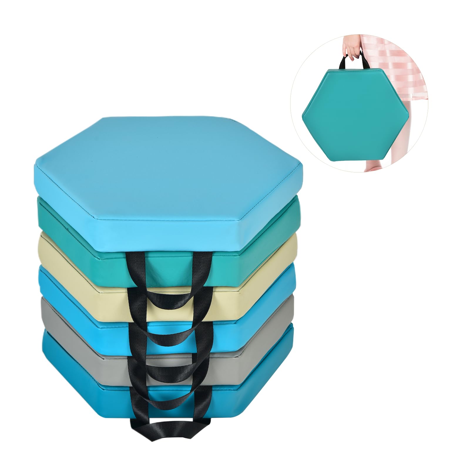 LIFEZEAL Juego de 6 para Silla Infantil, Cojines de Suelo Espuma y Poliuretano, Apilables con Asa, 38x34x5 cm, Interior/Exterior, Hexagonales (Azul + Multicolor)