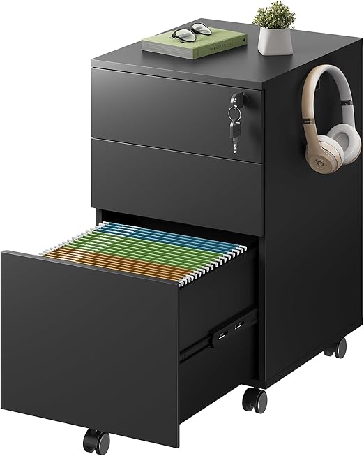 DEVAISE 3 Drawer File Cabinet with Lock, Small Rolling Filing Cabinet Under Desk, Wood Office Drawers Fits Letter/Legal/A4 Size Folders, Black