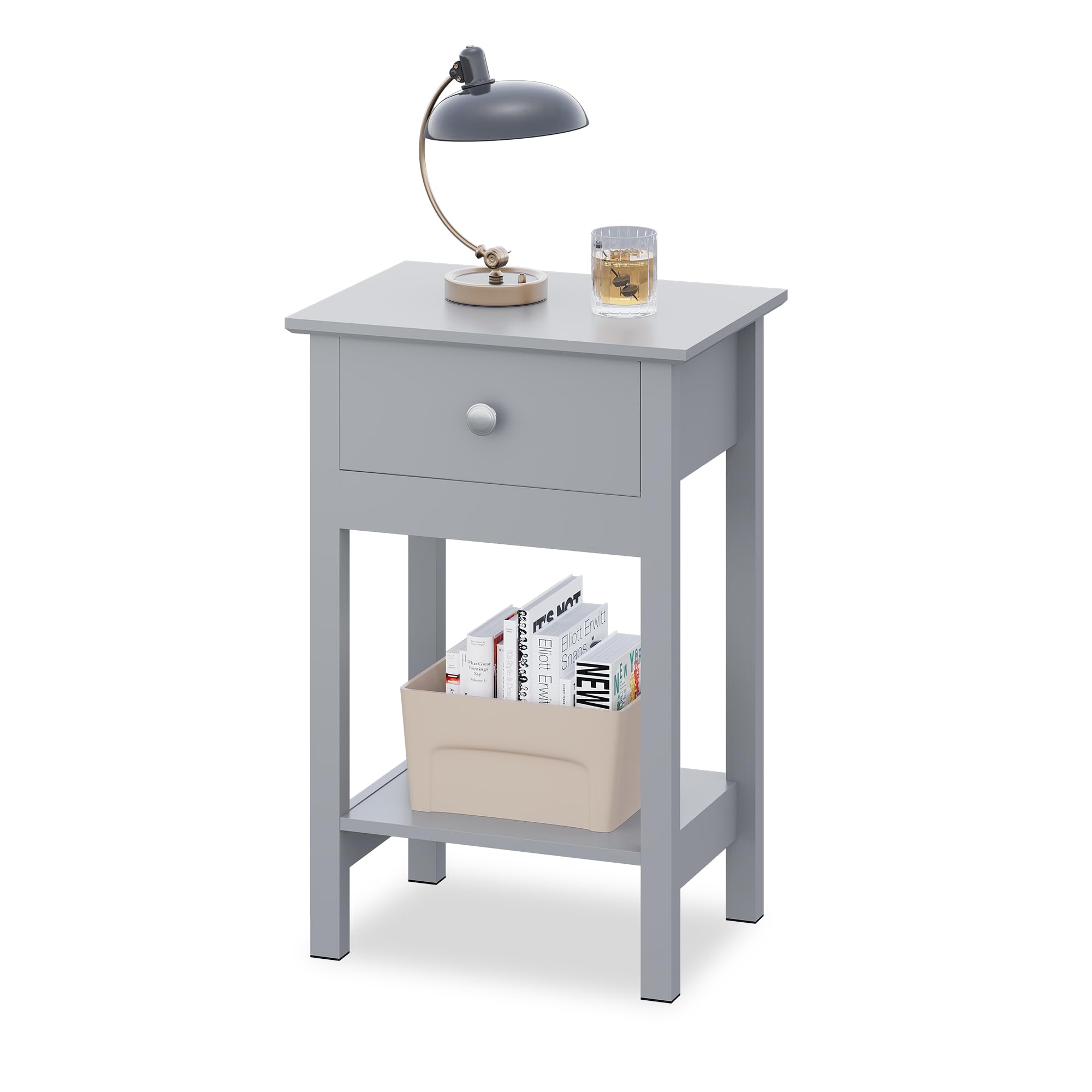 WLIVE Wooden Bedside Table, Nightstand with Shelf Drawer, Wooden Side Sofa Tables, for Small Spaces, End Tables for Living Room, Bedroom (1, Grey)