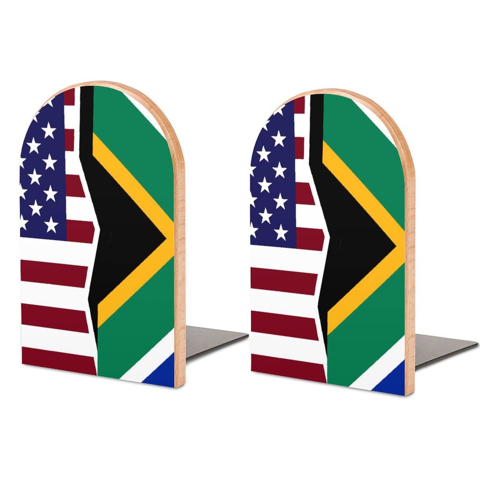 American and African Flag Wood Book Ends Decorative Non-Skid Bookends Desk Shelf Holder for Heavy Books Movies