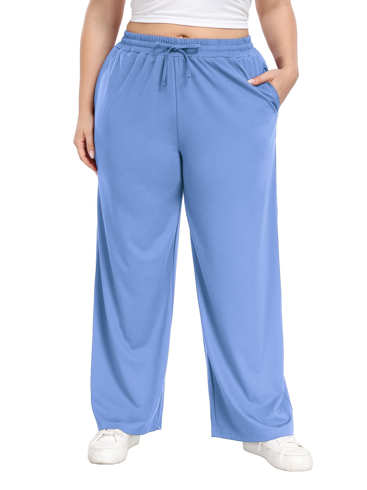 Lastshe Women's Plus Size Pants Elastic Waist Casual Wide Leg Knit Pajama Drawstring Pull On Lounge Straight Trousers