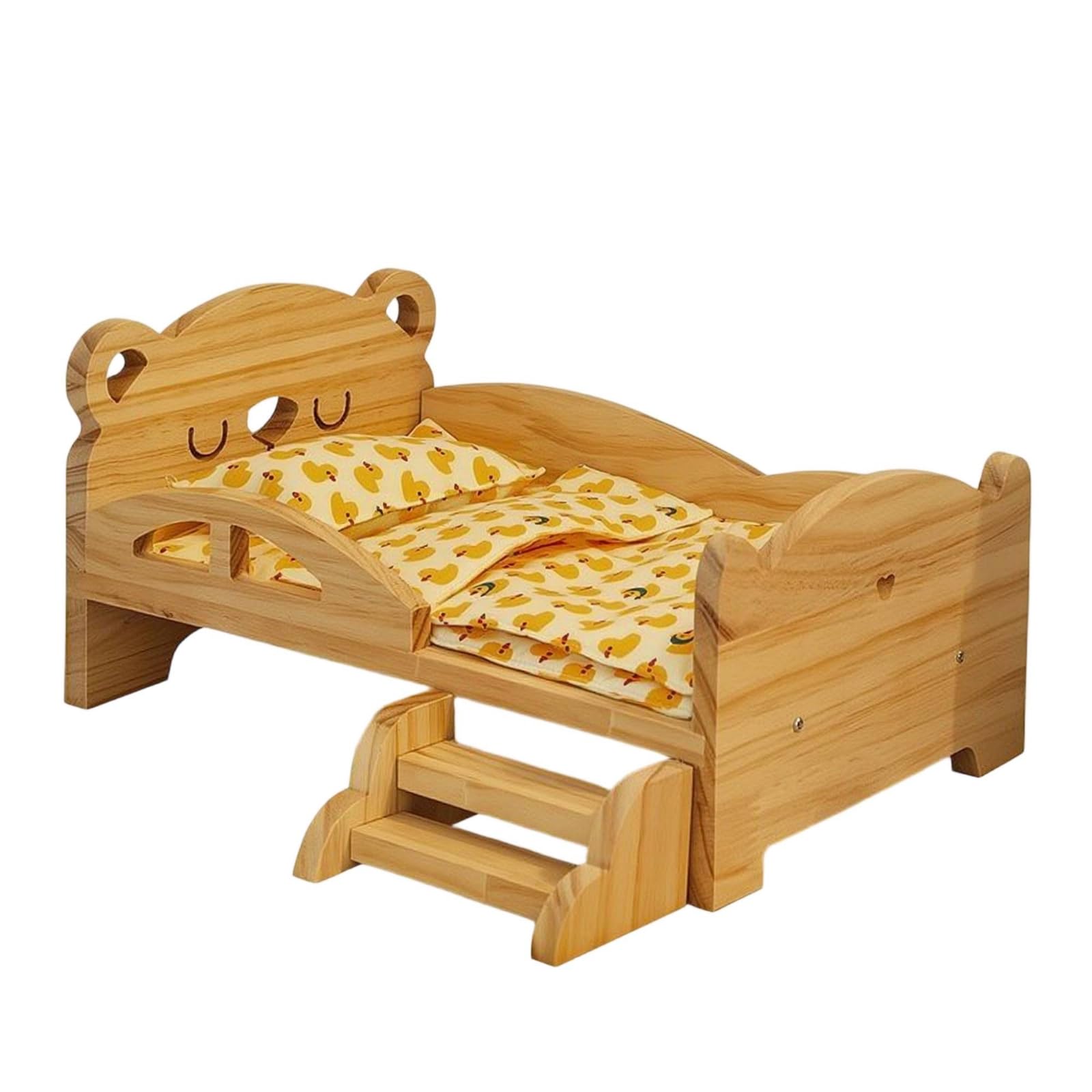 Letto per Bambole Letto Bambola Culla Giocattolo Mobili Bambole in Legno Stile Tradizionale con Alte per Giochi di Ruolo, Letto Singolo Orsetto + Piumino Anatroccolo