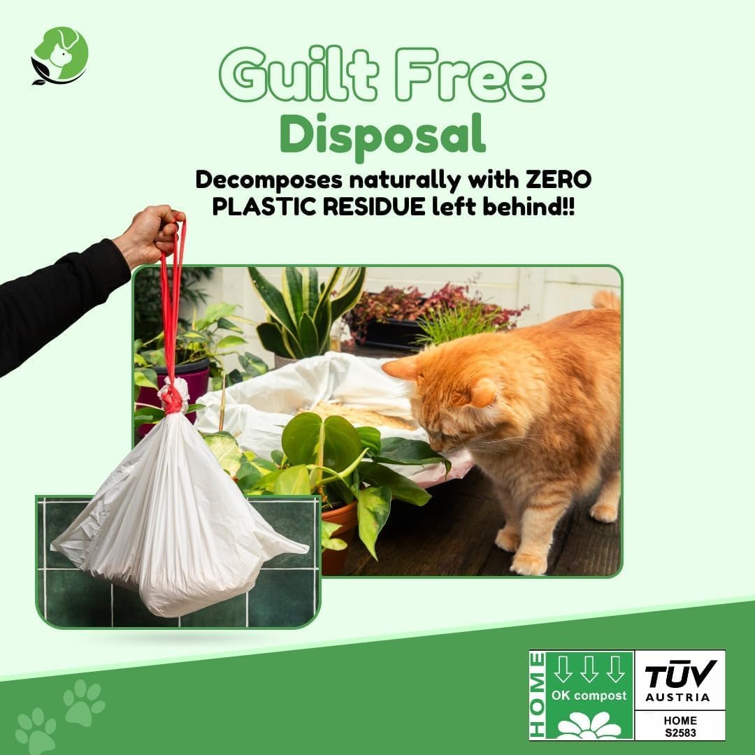 Revestimientos para robot de arena – Compatible con Litter Robot 3/4 – 25 pulgadas x 16 pulgadas – Cierre de cordón – Libre de olores y toxinas – 100% compostable – 40 micras de grosor – Resistente a
