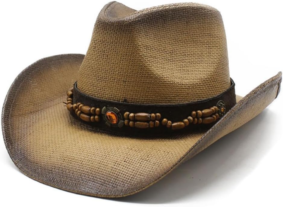 Western Cowboy Hat with Beaded Band, Gray Ombre Straw, Wide Brim