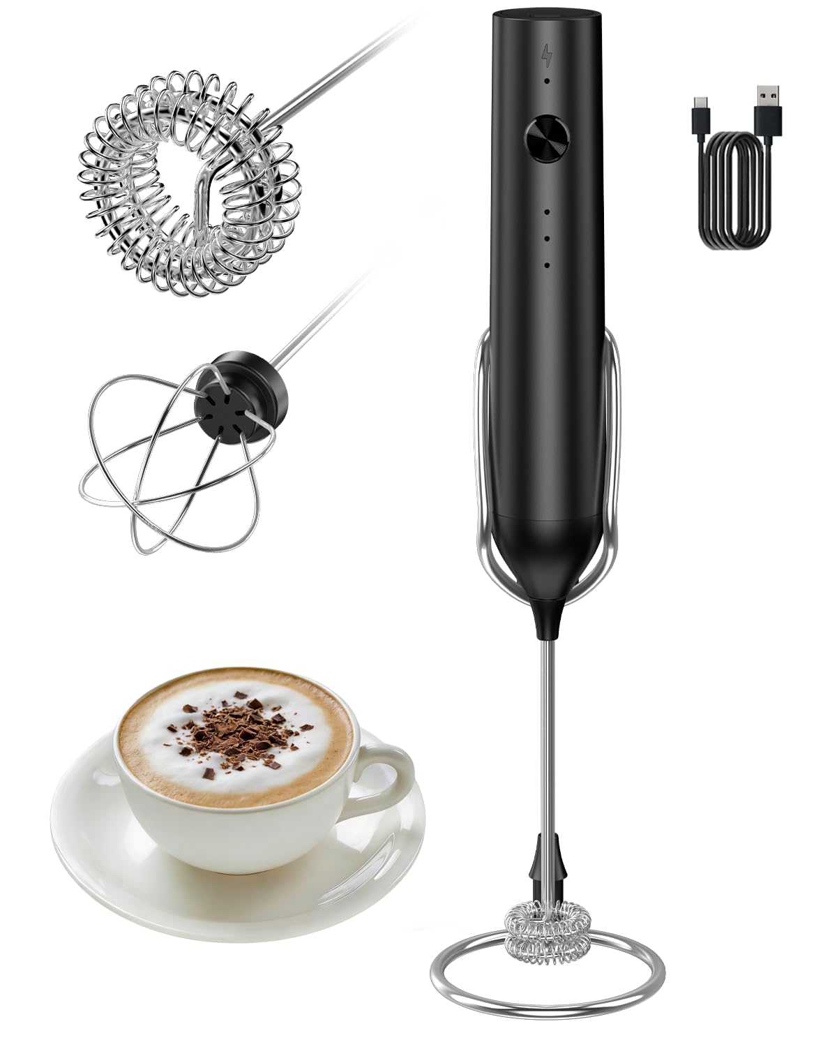 Rechargeable Milk Frother Handheld Electric Whisk with 3 Speeds Hand Drink Mixer with 2 Heads Portable Coffee Frother