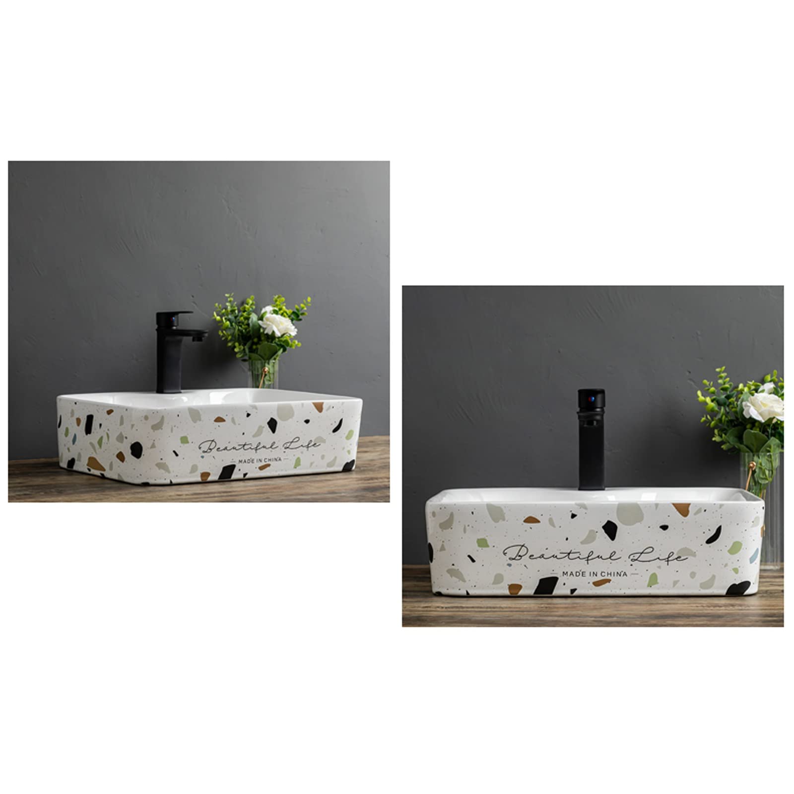 Umywalka Nablatowa Z Misą, Nowoczesna Umywalka Ceramiczna Z Lastryko, Z Czarnym Kranem, Porcelanowy Wzór Artystyczny, Czarne, Czarne