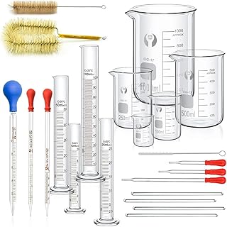 Beaker Glass Cylinder Pipettes Set, 5pcs Thick Glass Graduated Beaker, 4pcs Glass Measuring Cylinder with 3pcs Glass Drip Pipettes, 4pcs Glass Stirring Rod and 2pcs Cleaning Brush