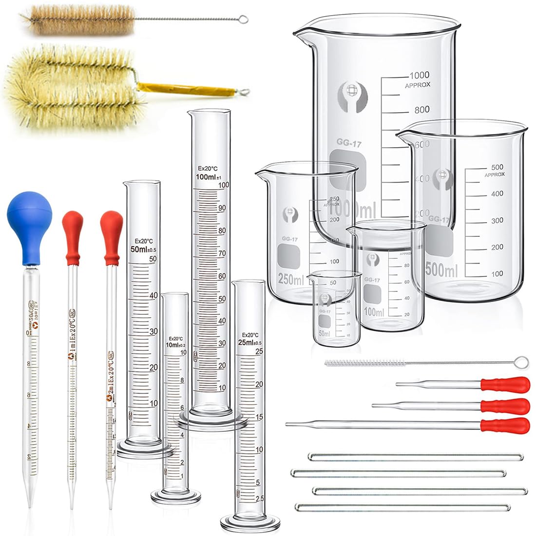 OYISICK Beaker Glass Cylinder Pipettes Set, 5pcs Thick Glass Graduated Beaker, 4pcs Glass Measuring Cylinder with 3pcs Glass Drip Pipettes, 4pcs Glass Stirring Rod and 2pcs Cleaning Brush