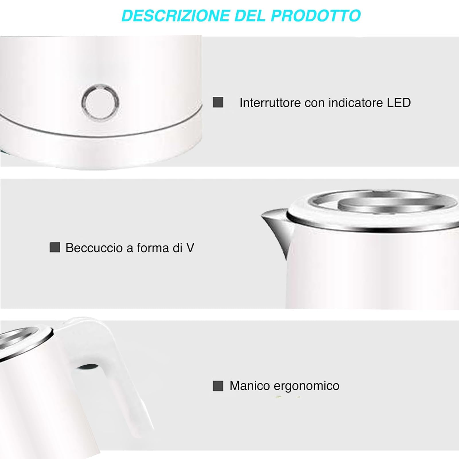 VOLTIX Bollitore Elettrico in Acciaio Inossidabile 0,5L, 600W, bollitore portatile – bollitore elettrico piccolo Ideale per Casa, Ufficio e Viaggi, Senza BPA (Bianco)