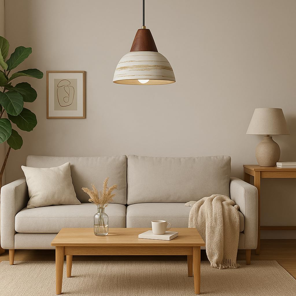 Suspension en céramique rustique avec finition bois, douille E27, câble réglable 150cm, luminaire vintage Japandi pour salon, chambre, salle à manger ou café (23cm)