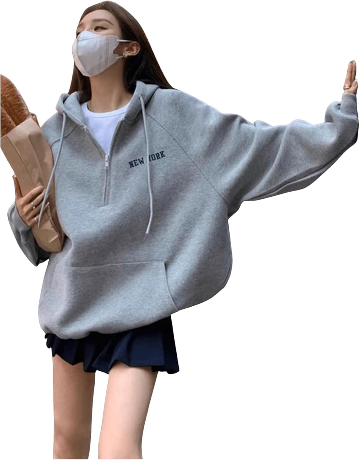 SOLY HUX Oversized Hoodies for Women Letter Embroidery Half Zip Drawstring Long Sleeve Loose Pullover Sweatshirt