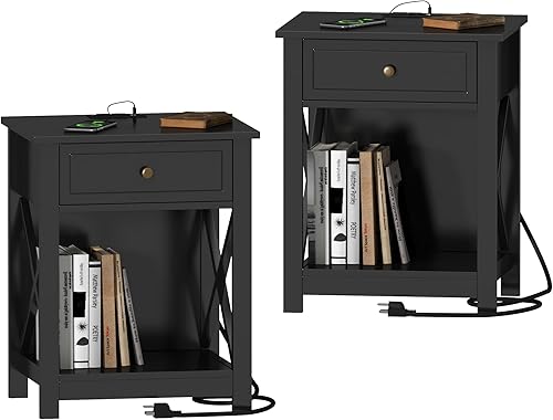 Treocho X-Design - Mesita de noche negra con estación de carga, mesa auxiliar con 2 tomas de corriente alterna y USB, mesita de noche pequeña con Treocho X-Design - Mesita de noche negra con estación de carga, mesa auxiliar con 2 tomas de corriente alterna y USB, mesita de noche pequeña con