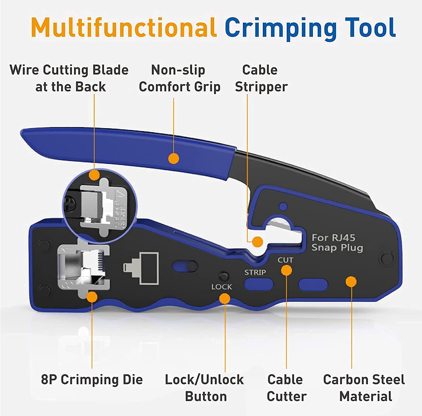 RJ45 Pass Through Crimper, herramienta de crimpado de red/cortador de alambre para conector Cat7/Cat6a/Cat5/Cat5e todo en uno