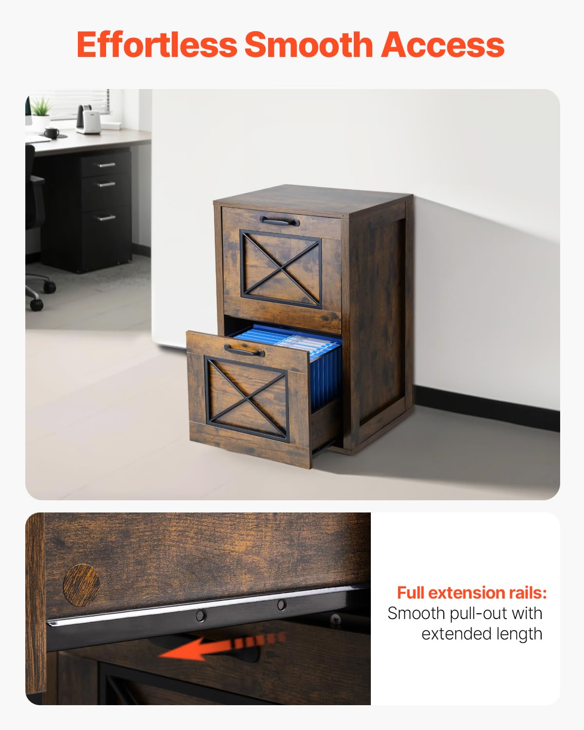 VEVOR Archivador Vertical, Archivador Vertical 450 x 400 x 687 mm de 2 Cajones con Barra de Suspensión Ajustable de 2 Niveles para Archivos de Tamaño A4/Carta/Legal para Oficina, Marrón Miel