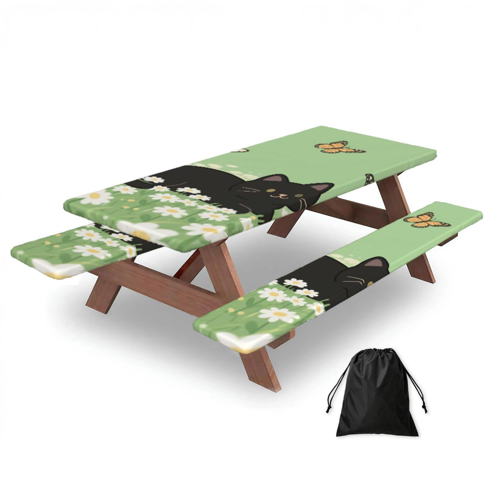 FekiLoot Cat Kitten Daisy Picnic Table Cover with Bench Covers and Bag, Windproof Waterproof Rectangle Tablecloth with Elastic Edges Fitted Camping Table Covers Portable Camping Accessories