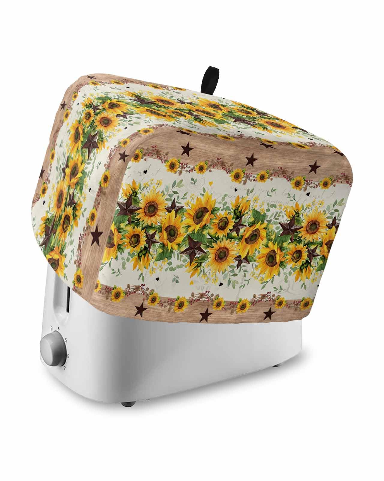 Yellow Sunflower Toaster Cover 2 Slice, Green Leaves Wood Country Vintage Dustproof Bread Machine Oven Cover with Storage Pockets, Fits Most Kitchen Toasters Protector
