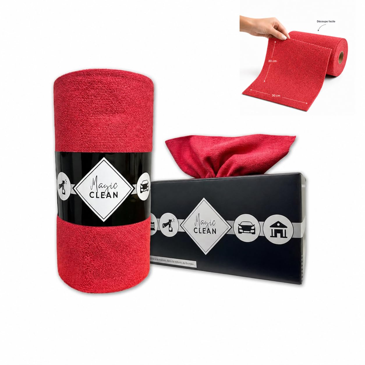 Phoenix Rollo de Microfibra Box de 75 paños de Microfibra Reutilizables – paños de Limpieza mágicos para Ventanas y Coches, Microfibra, 30 x 30 cm, Gruesos y absorbentes, Color Rojo