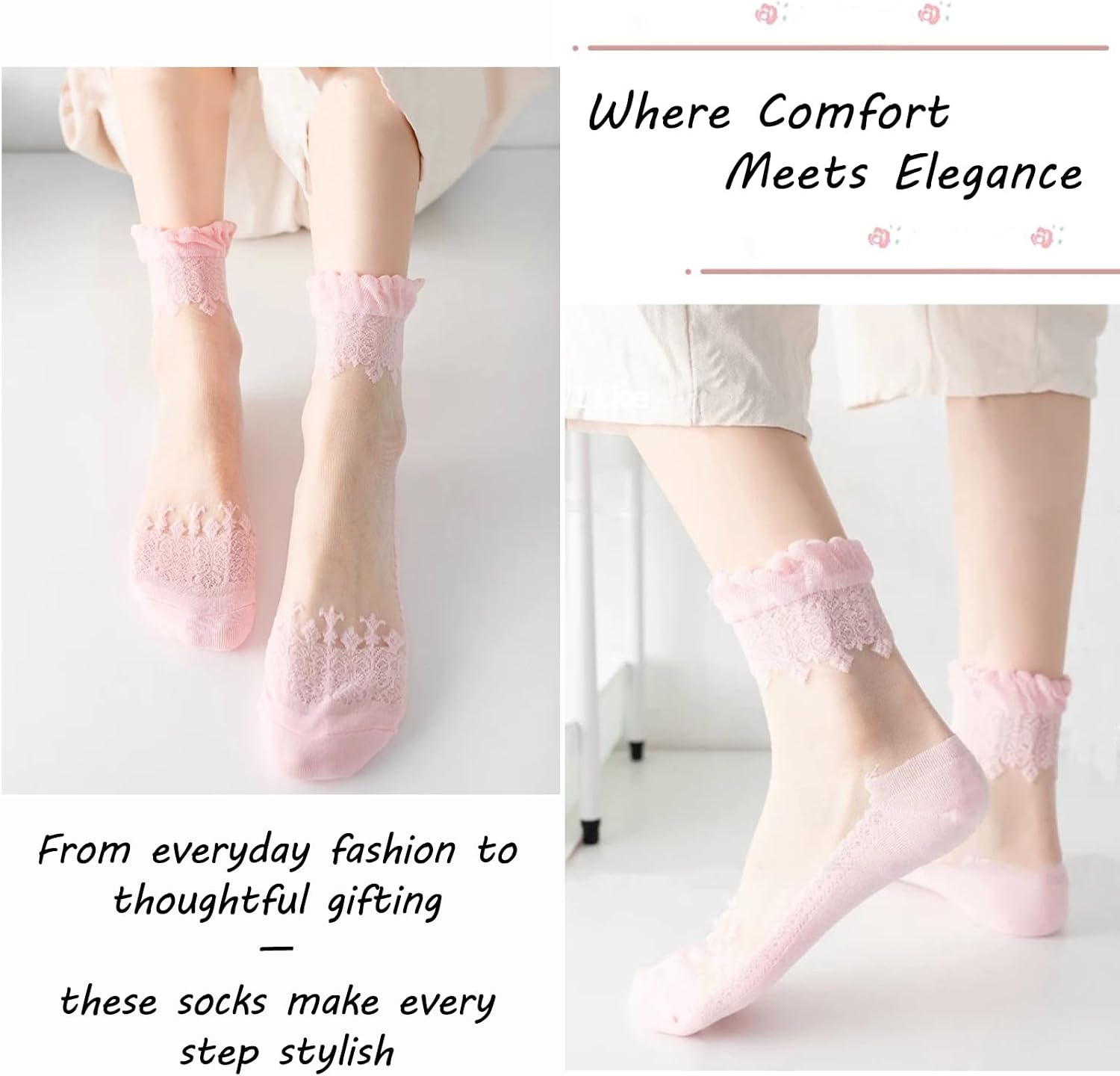 DXYAKY 5 Pairs Sheer Floral Socks for Women, Lightweight Mesh Ankle Lace Socks, Breathable Summer Cute Transparent Stockings