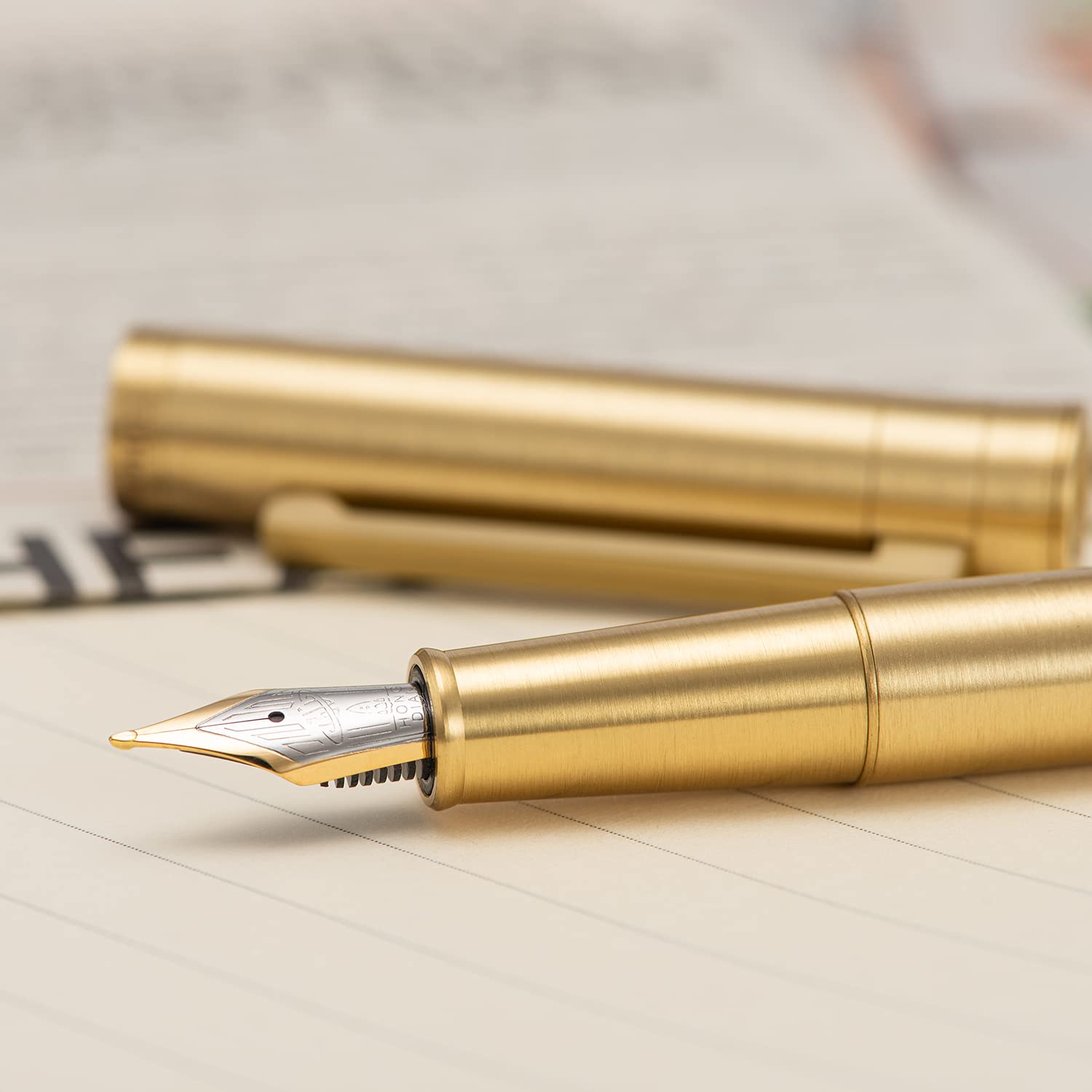 Hongdian 1861 Fountain Pen, Long Blade Nib, Raw Brass Design with Converter and Metal Pen Case Set - Image 3