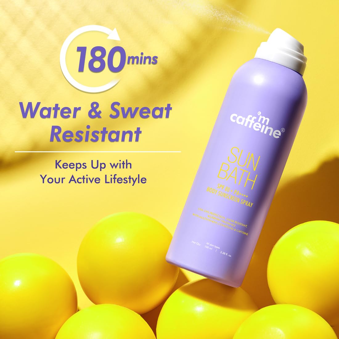 mCaffeine Sun Bath SPF 80+ PA ++++ Body Sunscreen Spray | High UV Protection | Invisible, Non-Greasy, 180 Mins Water/Sweat Resistant Cooling Spray| For All Skin Types | Blueberry Fragrance -100ml 3