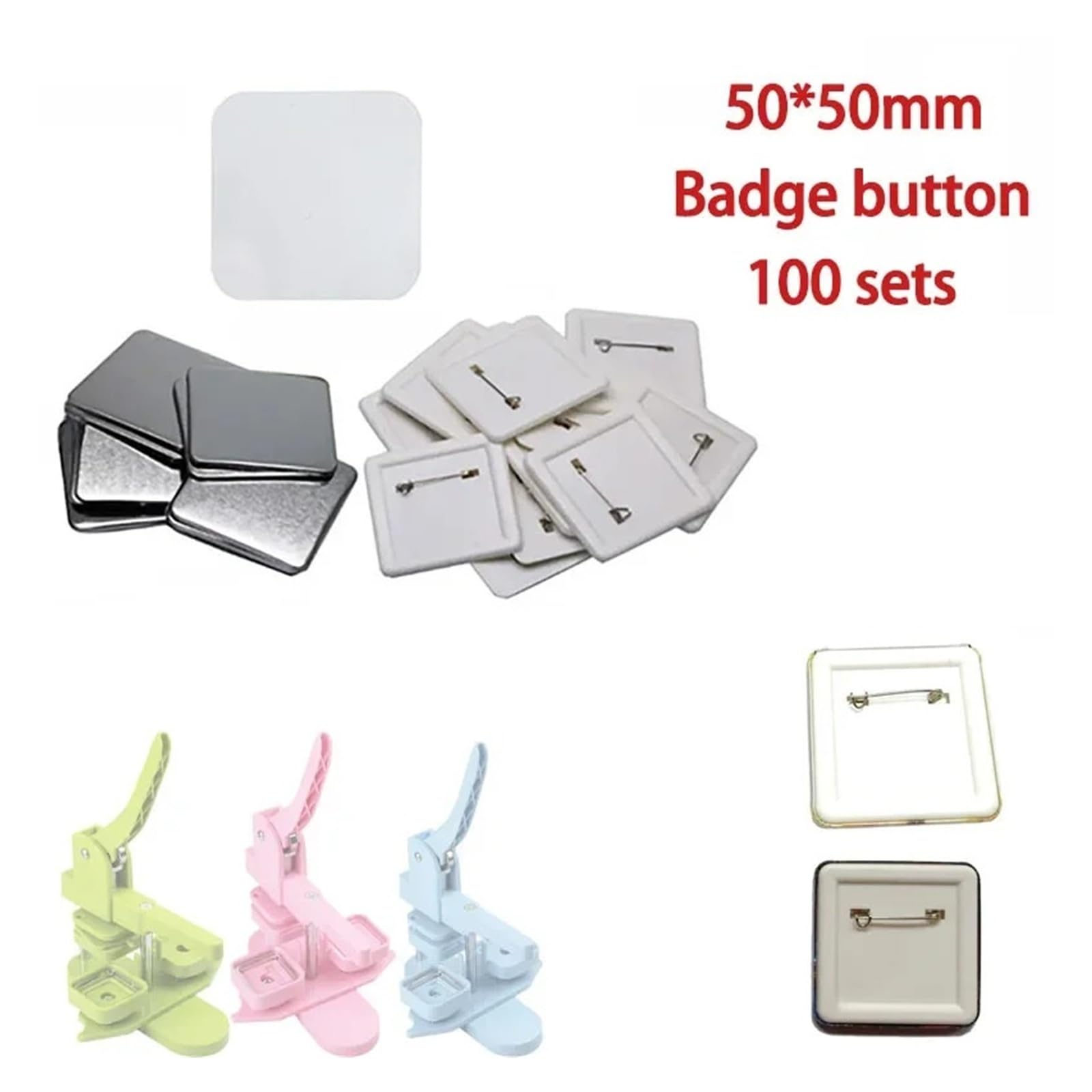 100 sztuk kwadratowych pustych przypinek DIY, materiał na przypinki, 50x50 mm, części do produkcji, materiały ​​pras dziurkujących Szerokie zastosowanie