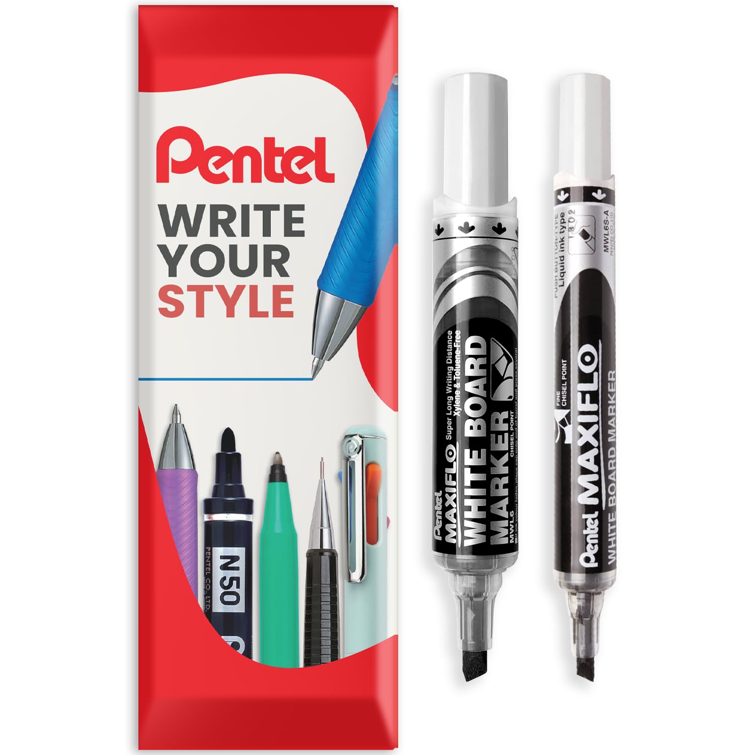 Pentel Maxiflo Whiteboard Marker Pens, Fine & Medium Point, Black Ink, Pack of 2 Pens in Pillow Packaging