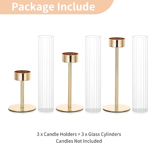 Miniatura 7 de NUPTIO Portavelas altos para centro de mesa candelabros de huracán con funda de vidrio acanalada, juego de 3 portavelas de metal dorado para