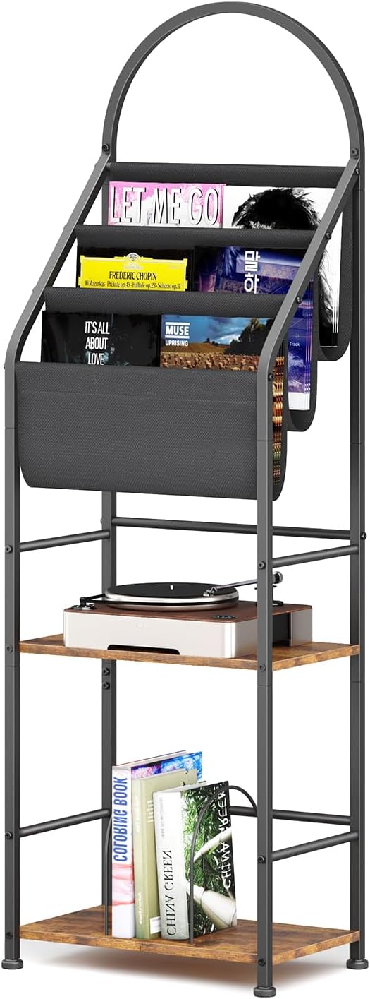 Bookshelf with 3 Tier Vinyl Holder Display Shelf, Record Storage Organizer Rack Cabinet for Book Magazine, Tall Industrial Open Book Shelves with Metal Frame for Living Room (Rustic Brown)