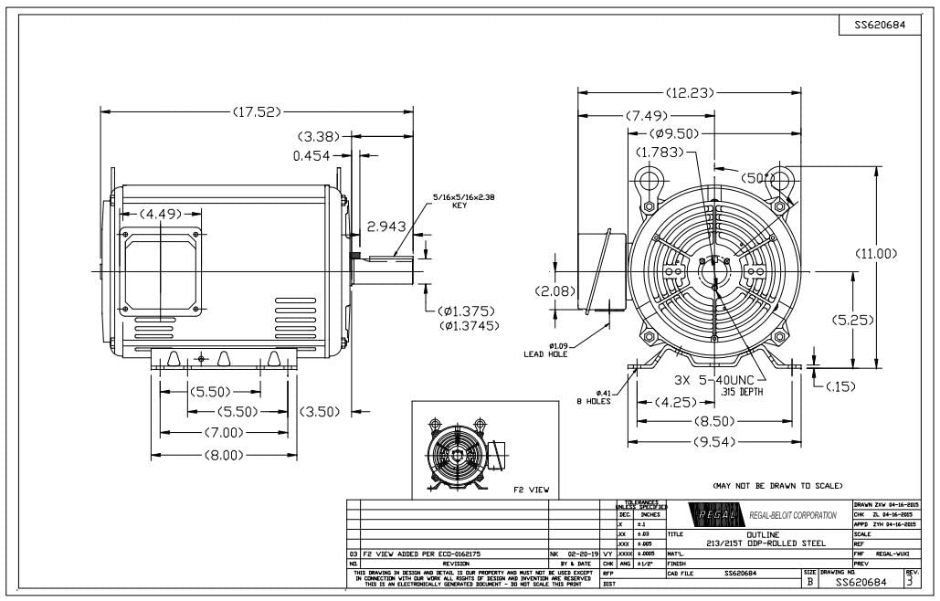 Marathon,15 HP General Purpose Motor, 3 Phase, 3600 RPM, 208-230/460 V, 215T Frame, ODP